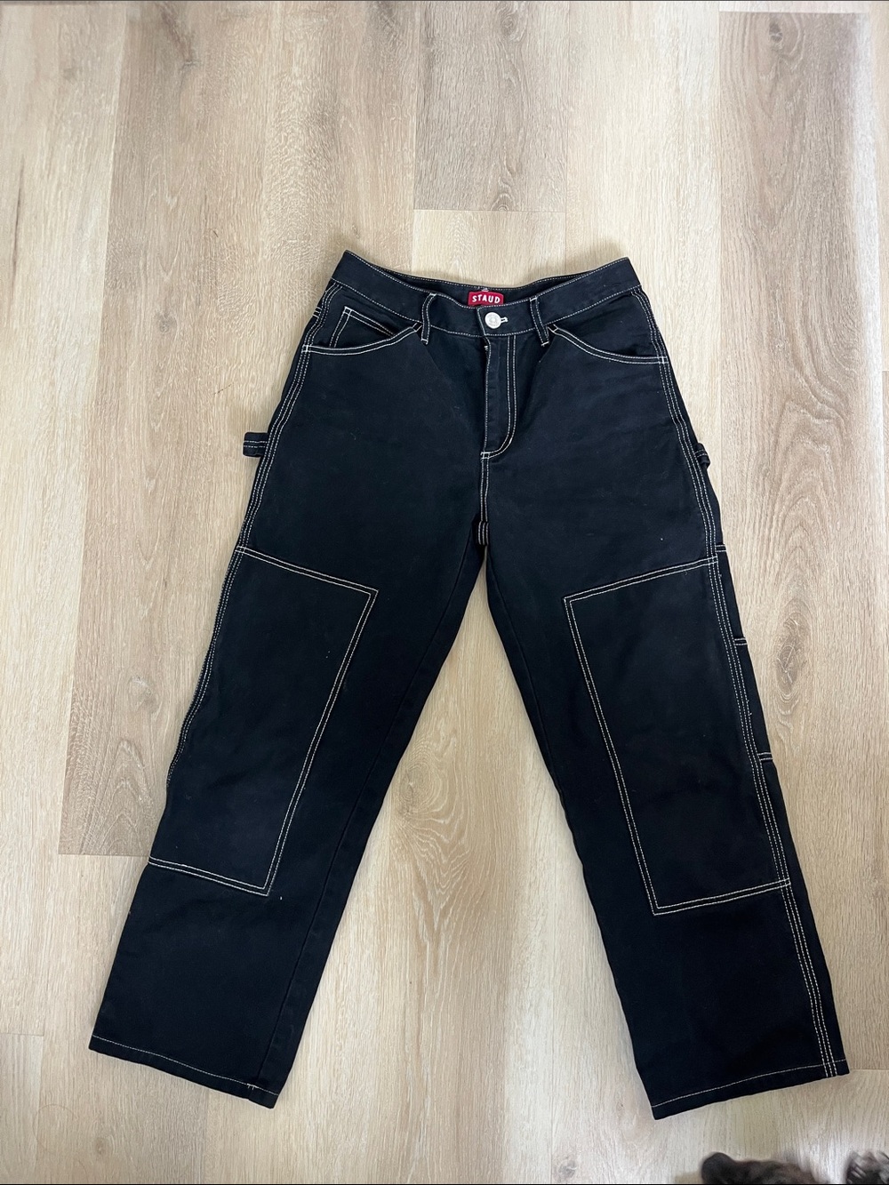 STAUD Black Painter Pants with White Contrast Stitching